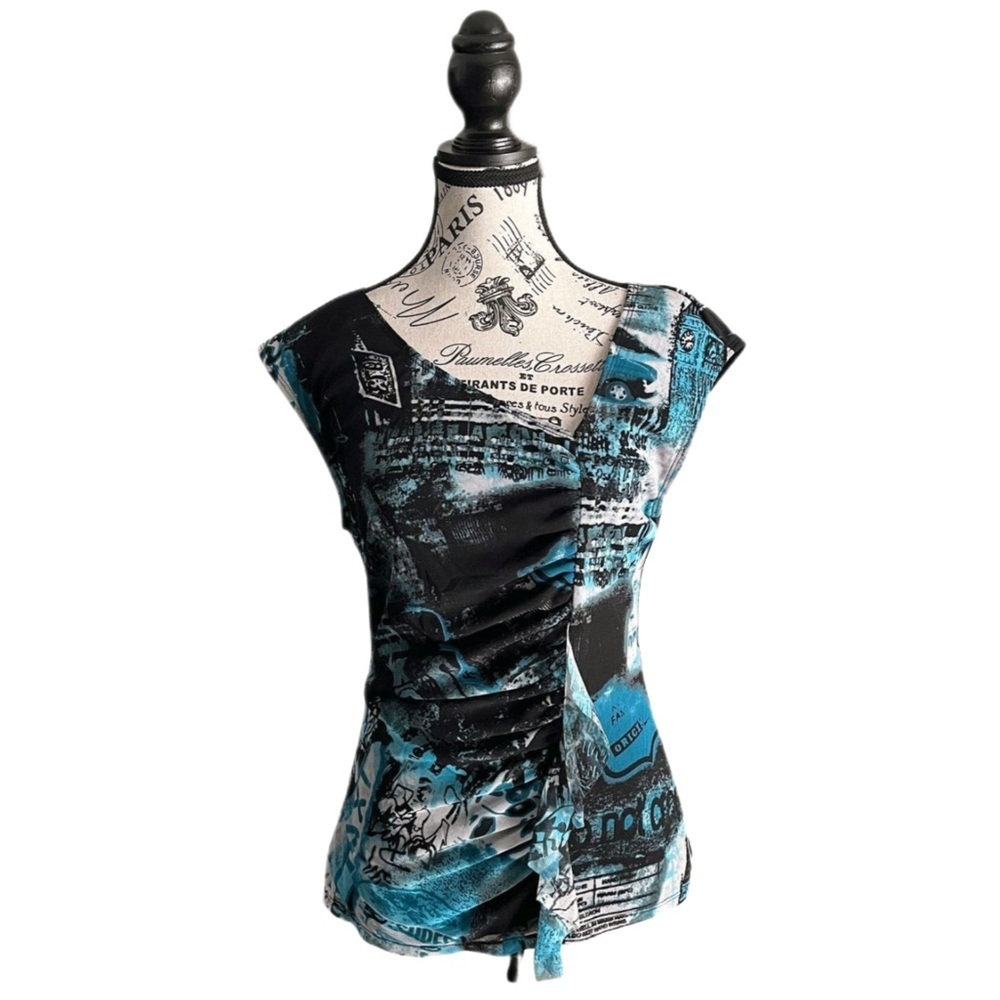 🇨🇦 Y2K Graphic Blue Black script City Grunge Cyber Mesh Asymmetrical Top